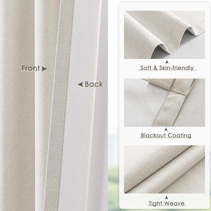 Blackout Curtains 63 Inch Long for Living Room Bedroom, Pinch Pleat Linen Drapes Thermal Insulated Room Darkening Noise Reducing Ivory Black Out Curtain 2 Panels Set with Back Tab
