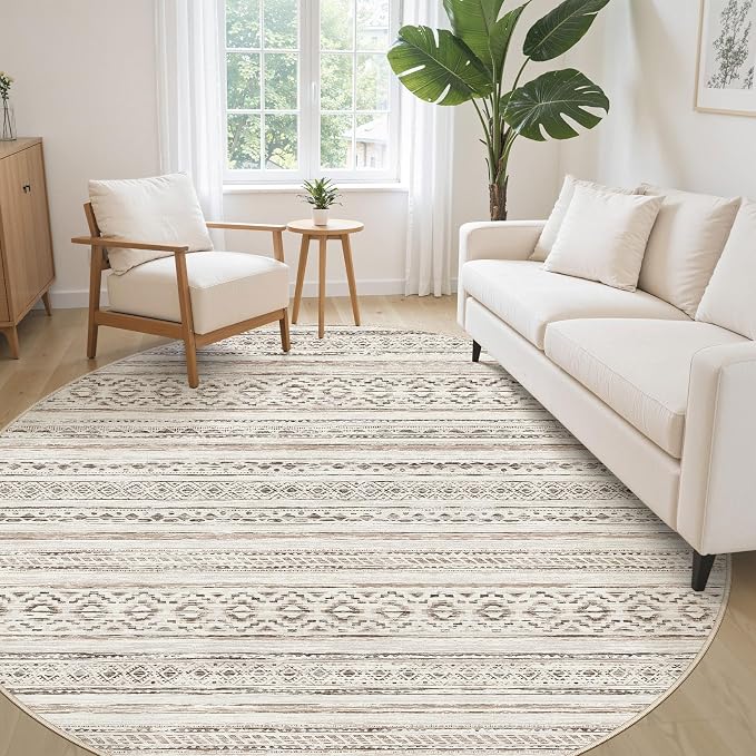 cotiled 8x8 Round Area Rugs Living Room Rug: Washable Boho Rugs with Non Slip Backing Large Soft Indoor Stain Resistant Carpet for Bedroom Farmhouse Dining Room Lightweight Home Decor Cream Brown