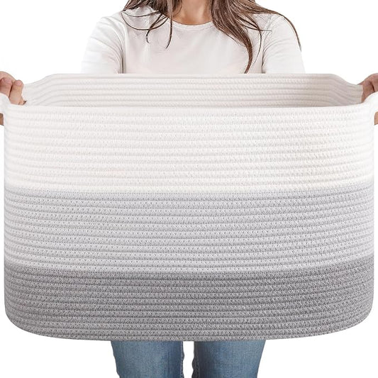 65L Cotton Rope Large Blanket Basket (19.7"x15.7"x11.8") for Living Room, Kids Room & Laundry, Storage Basket with Handle for Organizing Blankets, Pillows, Clothes & Toys, Gradient Grey