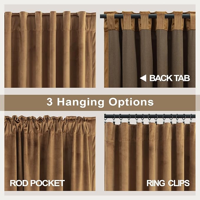 Gold Brown Velvet Curtains 108 Inch Long 2 Panel Sliding Door Insulating Soundproof Noise Reduction Drape Mid Century Modern Living Room Darkening Curtain for Bedroom Victorian Textured Extra Wide 9FT