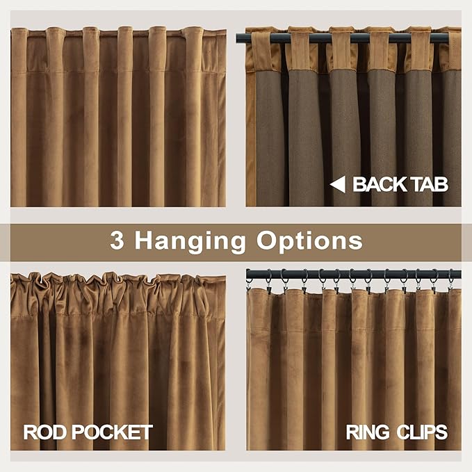 90 Inch Long Curtains Velvet Gold Brown Modern Farmhouse Thermal Curtain for Summer Heat Vintage Boho Rustic Neutral Elegant Fall Drape for Bedroom Dining Room Darkening Mid Century Decor 2 Panels Set