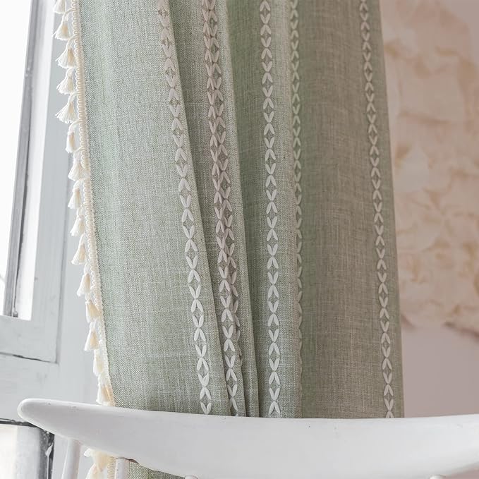 RoomTalks Green Modern Farmhouse Textured Curtains for Bedroom Living Room 72’’L x 52’’W Light Filtering French Country Boho Chic Tassel Window Curtain Panels Striped Bohemian Draperies