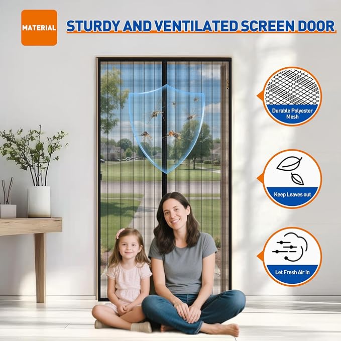 MAGZO Magnetic Screen Door with Full Strip Magnets, Fit Door Size 32 x 80 Inch, Screen Size 34" x 81" Magnets Net with Full Frame Hook & Loop for Patio Entrance, Black