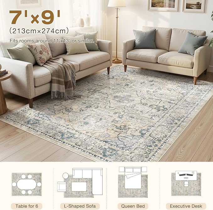 cotiled 7x9 Area Rug Machine Washable Vintage Carpet for Living Room Bedroom Soft Non-Slip Backing Floor Mat Kid & Pet Friendly Stain Resistant Green