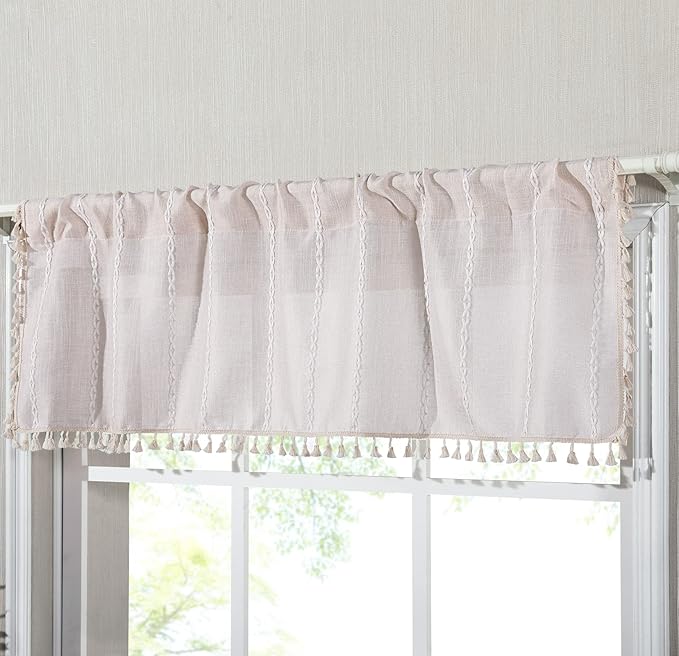 RoomTalks Boho Kitchen Valances for Windows Embroidered French Striped Farmhouse Vintage Chic Textured Tassel Curtain Valances for Bathroom Living Room Bohemian Decor (18’’L x 52’’W, Beige)