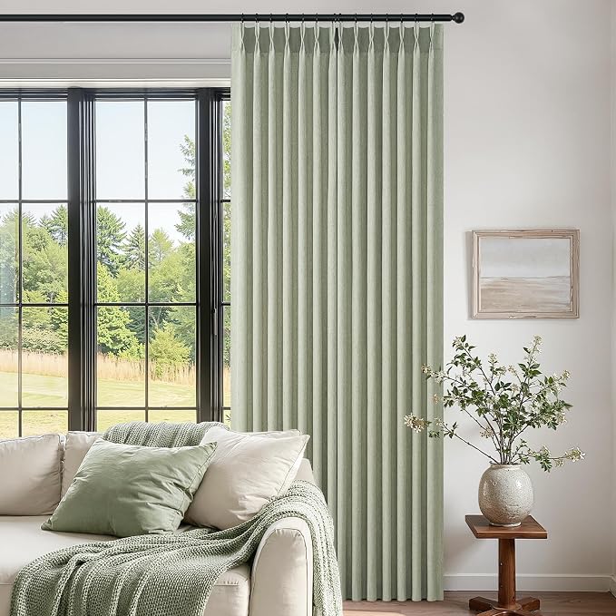 Pinch Pleated Curtains 90 Inches Long 2 Panels Set,Sage Green Semi Sheer Cotton Blend Fabric Aesthetic Advanced Curtain Drapes for Living Room Bedroom,40x90 inch Length