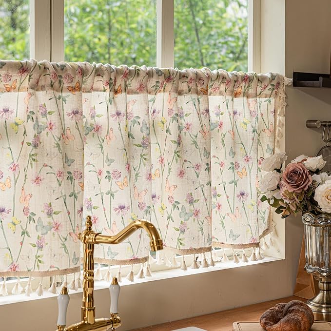 Deeprove Curtain Valance 18 inch for Kitchen Sink Living Room Bathroom Cafe Closet, Florals Butterfly Print, Light FilteringPrivacy Home Whimsical Decoration Winow Short Treatment Drape 52" W x 18" L