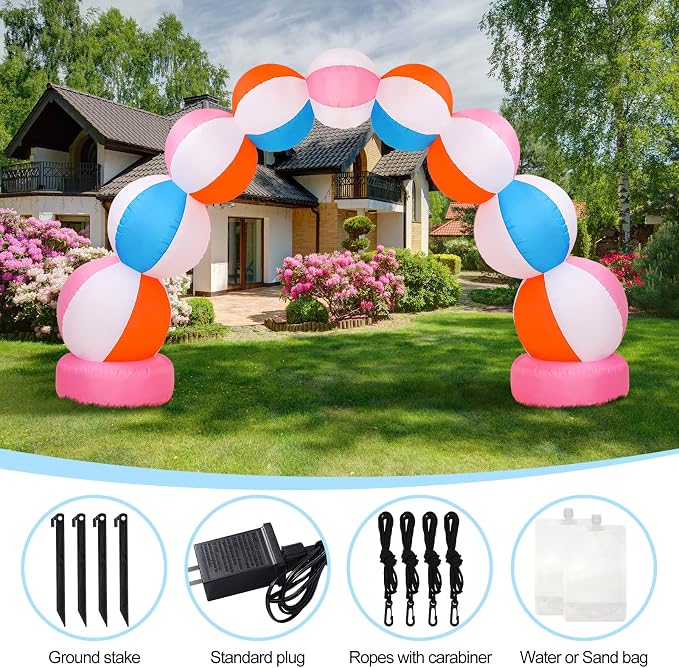 RattanView Inflatable Arch 8 ft Summer Beach Ball Party Arch Rainbow Beach Party Decoration Inflatable Pool Favors for Indoor Outdoor Lawn Yard Garden Decoration (Pink)