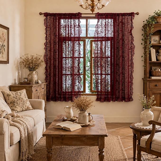 TUDECO Burgundy Lace Curtains 63 Inch Length - Victorian Kintted Sheer Floral Bird Ruffle Curtains for Bedroom, Boho Privacy Dark Red Solid Color Light Filtering Rod Pocket Maroon Decor, 59 x 63 Inch