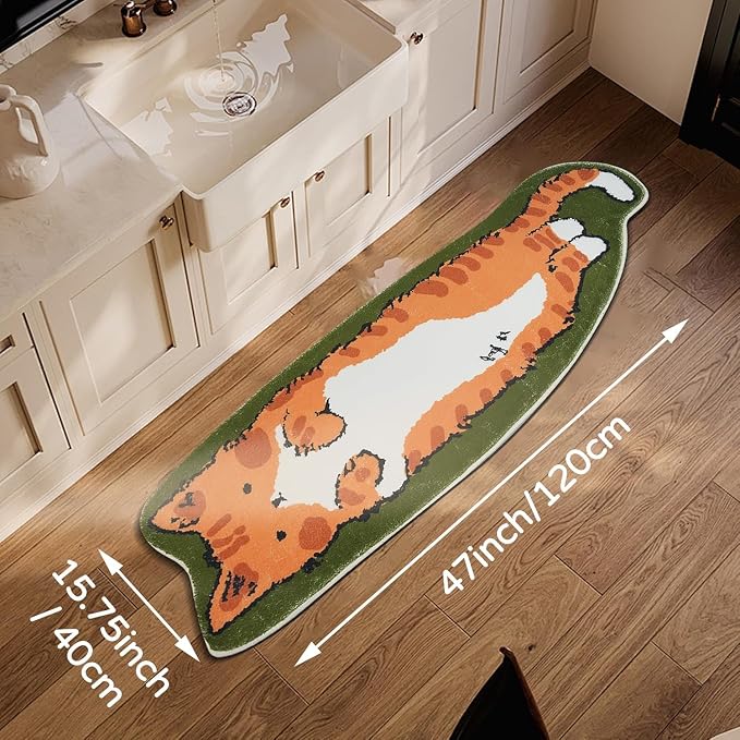 Cat Rugs, 1.3' X 3.9' Small Cute Irregular Shaped Rug for Bedroom Bathroom Room, Funny Cartoon Pet Area Carpet Kid Rugs, Cat Decor Dog Shaped Pet and Children Entryway Runner Rug (A Green Cat)