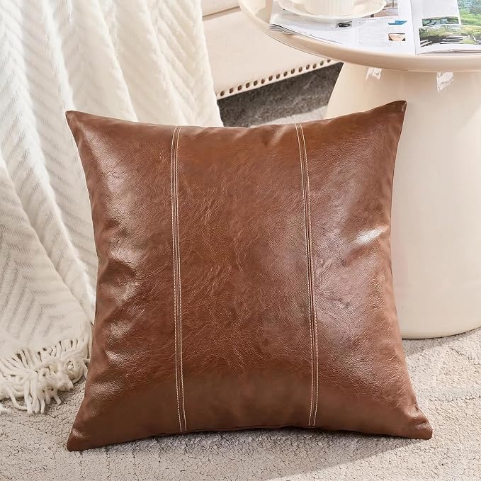 Fancy Homi Brown Boho Long Square Faux Leather Decorative Throw Pillow Covers 22x22 Inch for Living Room Couch Bed Sofa, Hand Stitched Cushion Case, Rustic Modern Farmhouse Home Decor