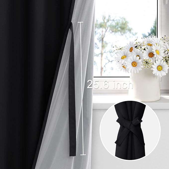 XWZO 100% Blackout Curtains 54 Inches Length with Tiebacks- Full Shade Thermal Insulated Double Layer with Black Liner for Bedroom/Living Room, Rod Pocket & Back Tab, Black, W52 x L54, Set of 2