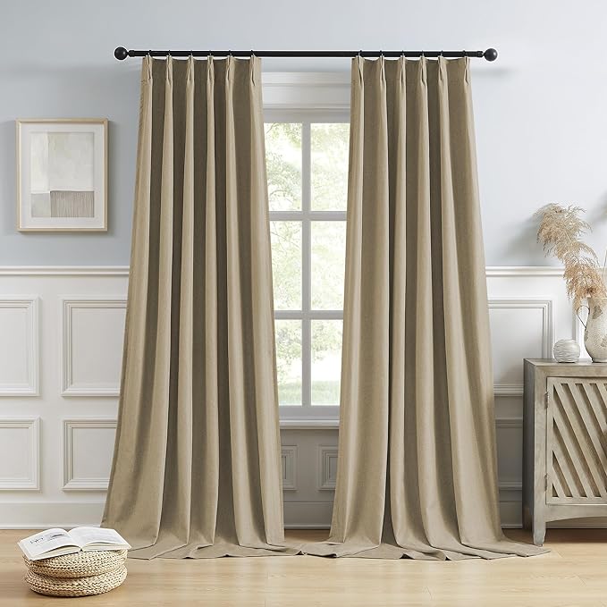 DUALIFE Taupe Blackout Pinch Pleated Curtains for Bedroom 144 Inch Length, Linen Blended Farmhouse 100% Blackout Thermal Insulated Back Tab Drapes with Hooks for Track System 2 Panels W40xL144