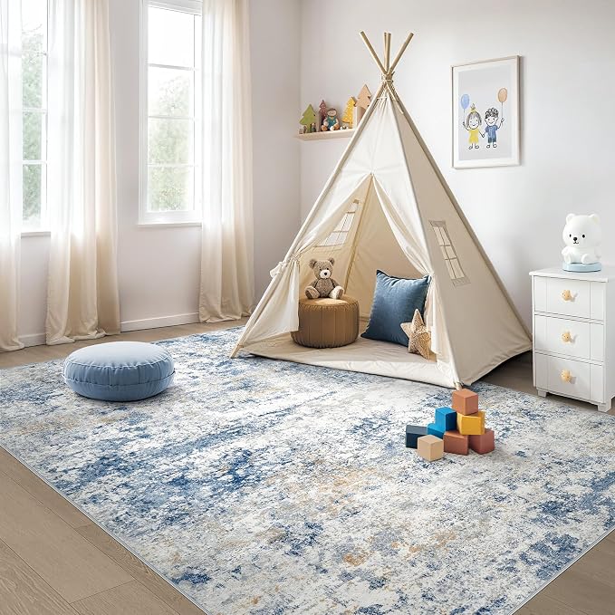DMOYEST Area Rug Living Room Rugs - 4x6 Abstract Large Soft Indoor Washable Rug Neutral Modern Low Pile Carpet for Bedroom Dining Room Farmhouse Home Office - Blue