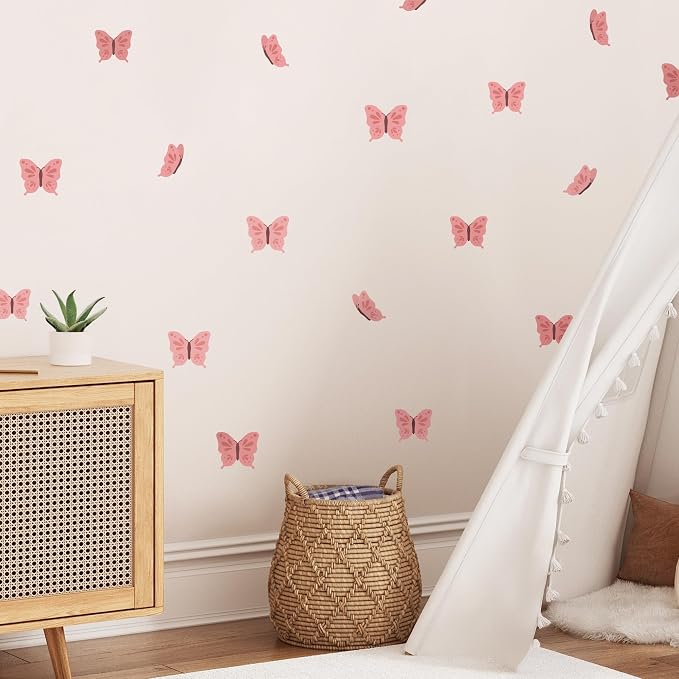 Teddylabels - Pink Butterflies - Easy-to-Apply & Removable Wall Stickers: Transform Your Toddlers Bedroom with Durable, Vibrant Peel-and-Stick Wall Decor – Stickers for Kids