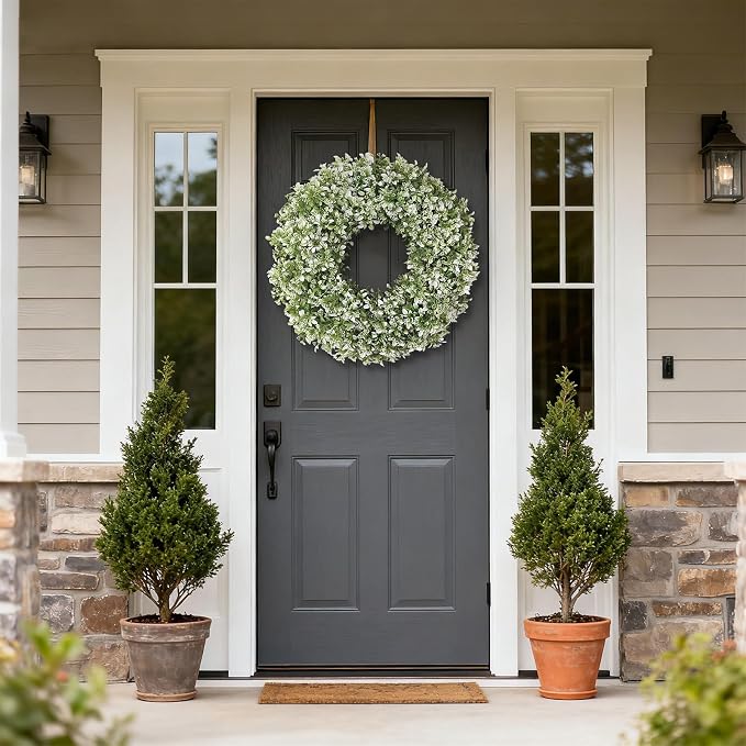 26" Large Artificial Boxwood Wreath for Front Door (White-Green) | Waterproof Fade Resistant,Premium Durable,Faux Aglaia Odorata Wreath,for Wall Window Farmhouse Outdoor All Seasons Decor