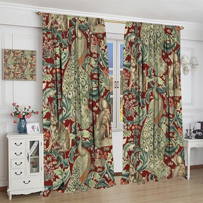 Vintage William Morris Wildlife Blackout Window Curtains, Rustic Boho Animal Plant Window Drapes, for Living Room Bedroom 21(W)*54(L) 2 Panels