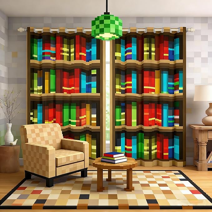 Castle Fairy Bookshelf Window Curtain,Pixelated Bookshelf Blackout Window Treatment,Kids Girls Teens Pixel Style Games Bedroom Curtains Anime Bookcase Theme Living Room Decor Top 2 Panels,38Wx54L