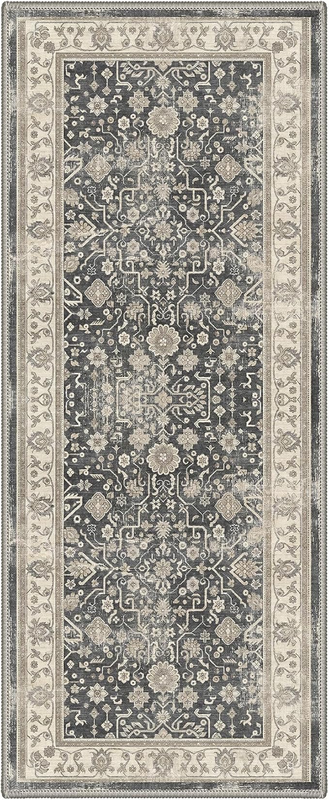 Bavni 2x5 Rug Runners for Hallways, Washable Runner Rug Non Slip, Vintage Floral Oriental Floral Rugs for Bedroom, Lightweight Low Pile Carpet for Hallways Bathroom, Dusty Charcoal