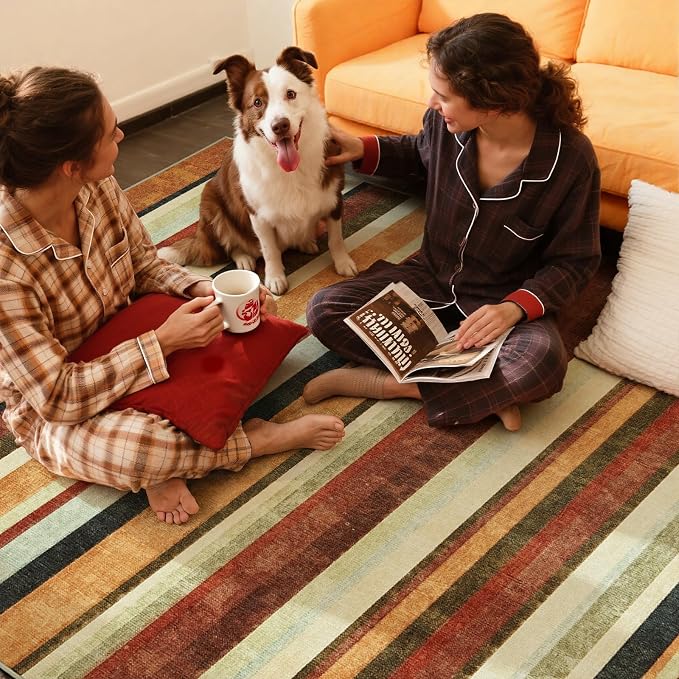 jinchan 5x7 Area Rug Modern Striped Rug Washable Rug Soft Large Indoor Floor Cover Non Slip Colorful Carpet for Bedroom Kitchen Dining Room Home Office, Caramel Dusk