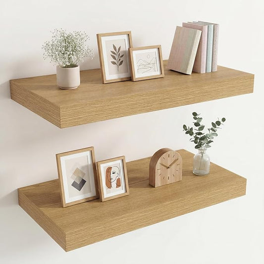 Vivelove 12 Inch Deep Floating Shelves 24 inch Long, 24 x 12 Wide Display Shelves with Invisible Brackets, Shelf for Bedroom Bathroom Living Room Office Home, Modern Shelf Set of 2, Oak