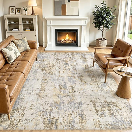 Area Rugs 6x9 Living Room: Washable Large Abstract Modern Neutral Soft Rug Stain Resistant Non-Slip Backing Carpet for Bedroom Dining Room Indoor Nursery Dorm Home Office Decor - Brown