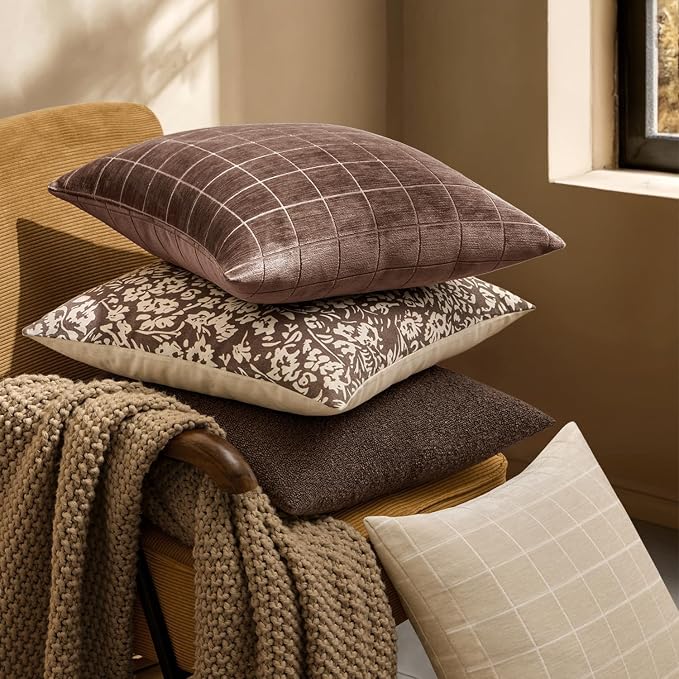 MIULEE Reddish Brown Plaid Fall Decor Throw Pillow Covers 22x22 Set of 2 | Vintage Check Chenille Couch Pillows Boho Farmhouse Cushion Covers Modern Fall Home Decor for Sofa Bed Living Room