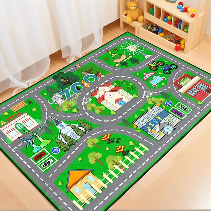Car Rug Play Mat 4.5x6 Feet - Green Road Rug for Kids Boys Room, Fun Race Track Traffic Road Carpet for Boys Playmat Educational Learn, Car Carpet for Kids Room Decor Playmat Bedroom Playroom