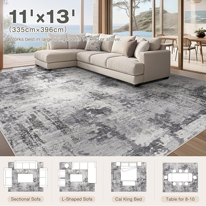 Abstract 11x13 Area Rug: Machine Washable Non Slip Ultra Thin Low-Pile Carpet, Soft Stain Resistant for Living Dining Room Bedroom, Kid Pet Friendly, Robot Vacuum Compatible - Grey