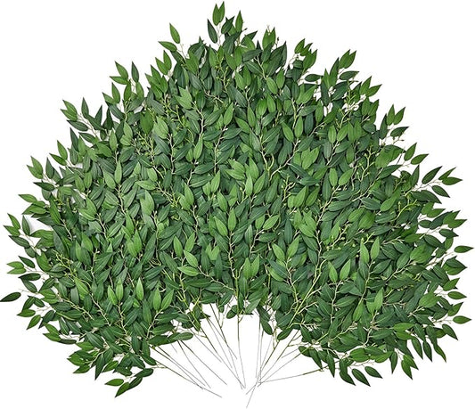 Serwalin 50Pcs Artificial Italian Ruscus Greenery Stems, 21.6'' Fake Green Leaves Decor Silk Plants Spray for Wedding Arch Bouquet Table Centerpieces Vase Filler Home Decor