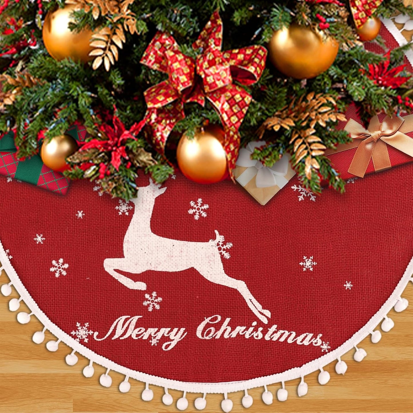 36 Inch Christmas Tree Skirt, Burlap Red Christmas Rustic Tree Skirt with Elk Deer and White Snowflake Printed for Holiday Party Xmas Tree Decoration