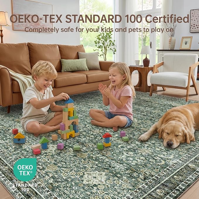 Sasttie 6x9 Area Rugs, Ultra-Soft Washable Rug, Low Pile Foldable Thin Carpets with Non-Slip Backing, Skin-Friendly Stain Resistant Carpet for Living Room, Bedroom, Kitchen, Dorm, 6x9, Dark Green