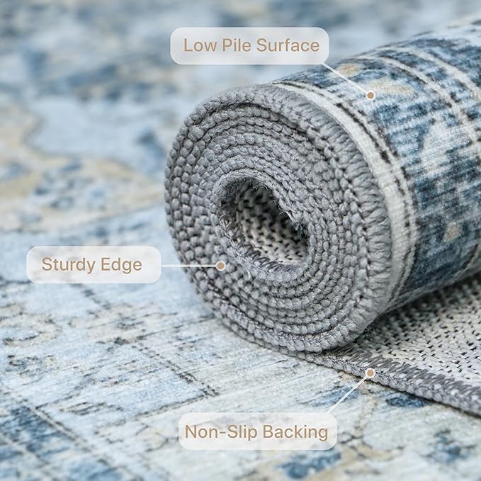 GENIMO Runner Rug 2x8, Non Slip Vintage Hallway Runner Rugs, Low Pile Lightweight Machine Washable Mat for Hallway, Entryway, Bedroom, Kitchen and Corridor, Blue
