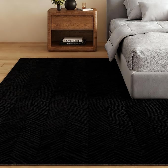 Area Rug for Living Room - 6x9 Soft Faux Rabbit Fur Modern Geometric Wave Carpet for Bedroom, Black