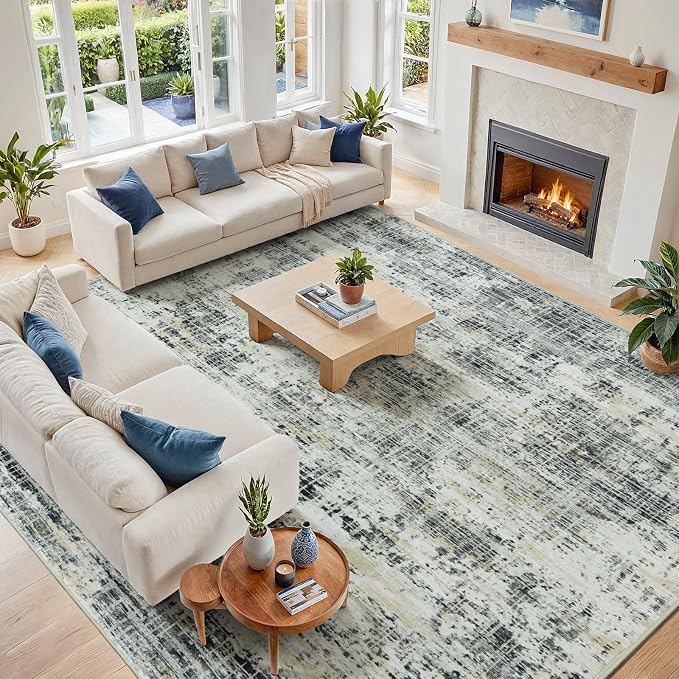 10x12 Area Rugs for Living Room Washable Rug: Anti-Skid Abstract Modern Living Room Rug Soft Thin Carpets Indoor Floor Non-Shedding Carpet for Bedroom Dining Farmhouse Nursery Black Gray Gold