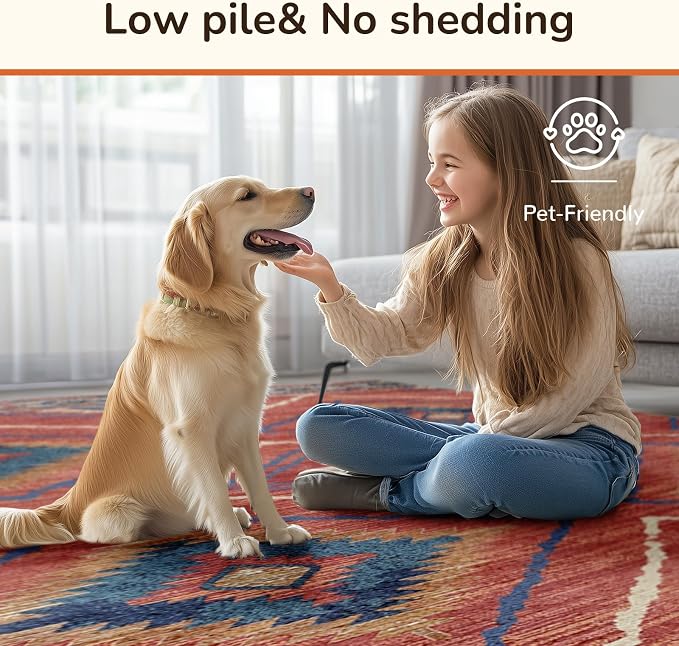 BESTSWEETIE Area Rug 6x6 Rug Machine Washable Non-Slip Low Pile Print Pattern Western Rug for Living Room Bedroom Entryway Tribal Series -Red/Orange