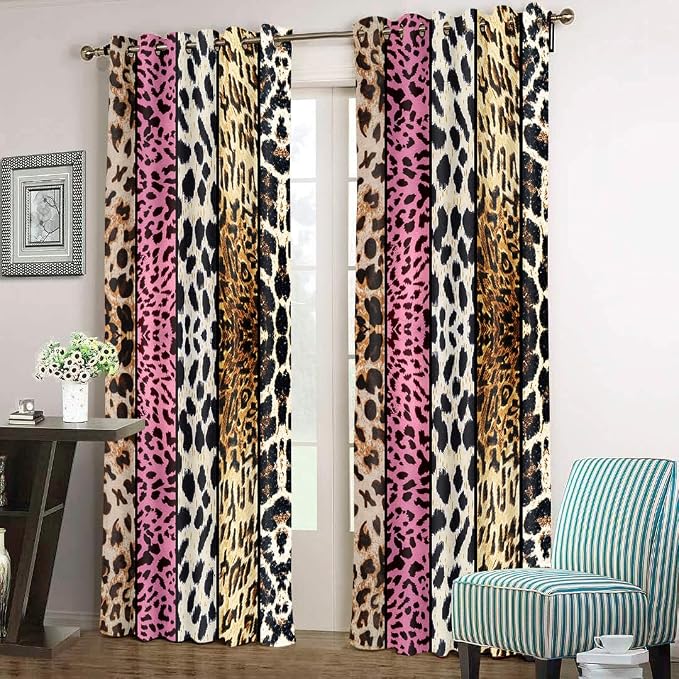 Wild Animal Print Curtain, Room Darkening Thermal Insulated Blackout Leopard Boa Window Drapes with Grommets for Living, Dining, Bedroom, Pink Leopard Print, 42"x 90", 2 Panels