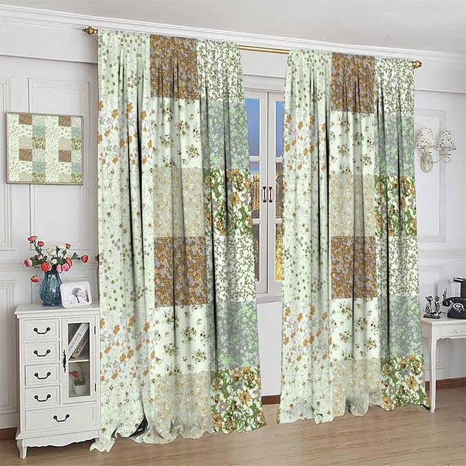 Boho Flower Patchwork Curtains Farmhouse Patchwork Quilted Country Check Print Window Drapes for Bedroom Living Room Kitchen Cafe （W20xL45 Inch） x2 Decor