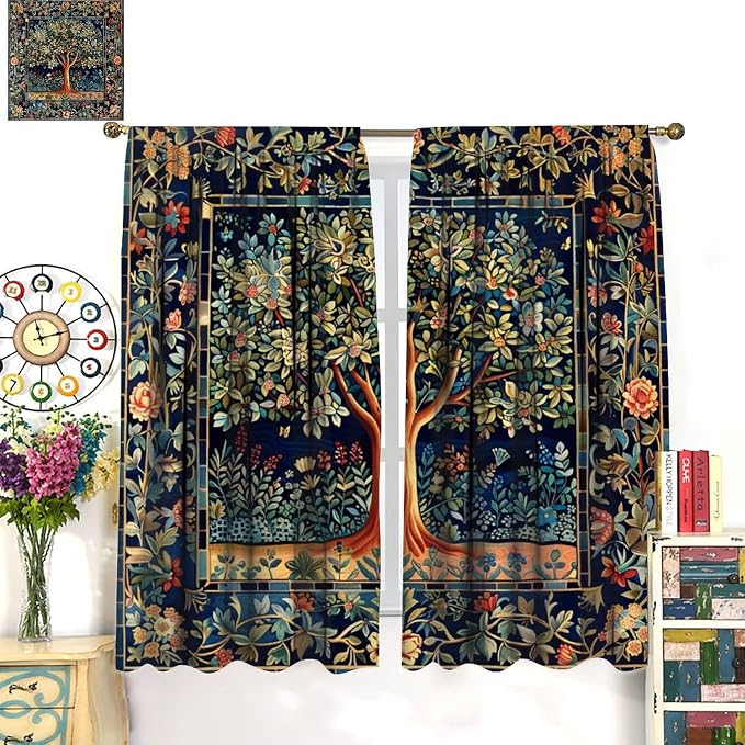 William Morris Flower Blackout Curtains, Rustic Colorful Forest Tree of Life Floral Window Drapes, for Bedroom Living Room 55" W X 63" L