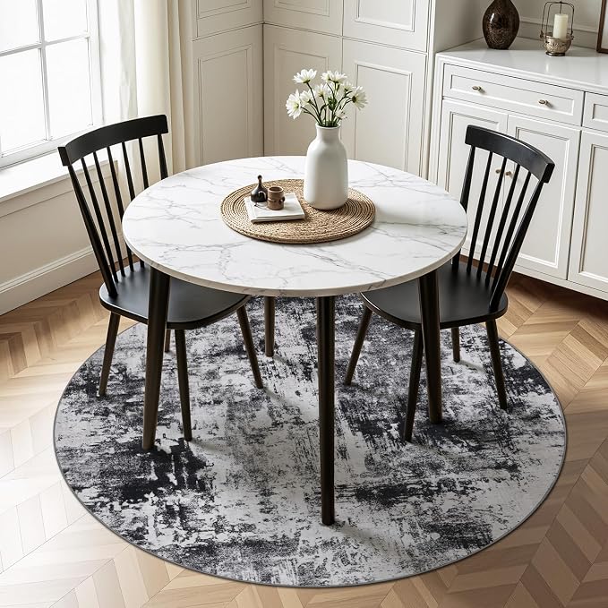 Rugflix Round Area Rugs 4Ft for Living Room, Washable Circle Rug Stain-Resistant Low Pile, Modern Dark Carpet for Bedroom Dining Room Home Office Kid Nursery Room, Black Grey