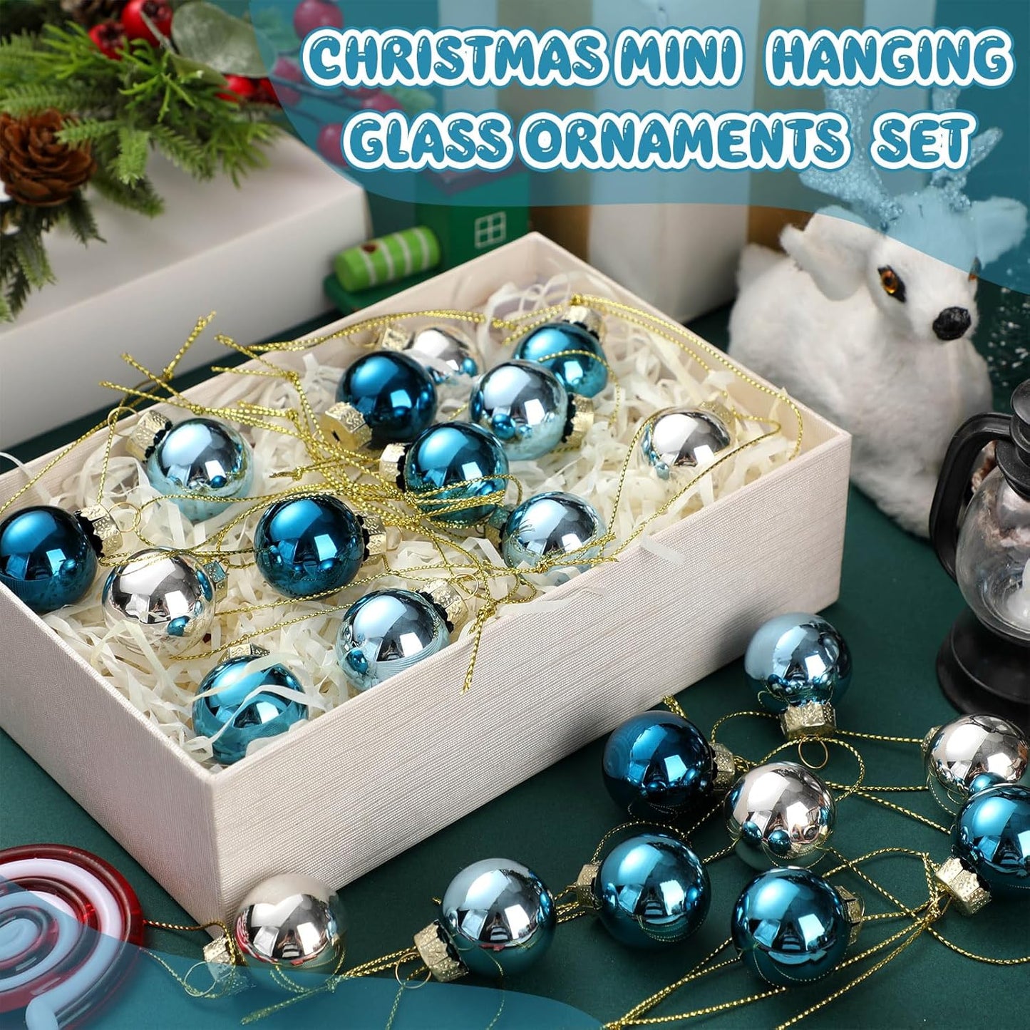 Tioncy 32 Pcs 1 Inch Mini Glass Christmas Ornaments Balls Shiny Christmas Balls Tiny Tree Hanging Decoration Small Colorful Ball Pendant for Xmas Party Supplies(Blue and Silvery)