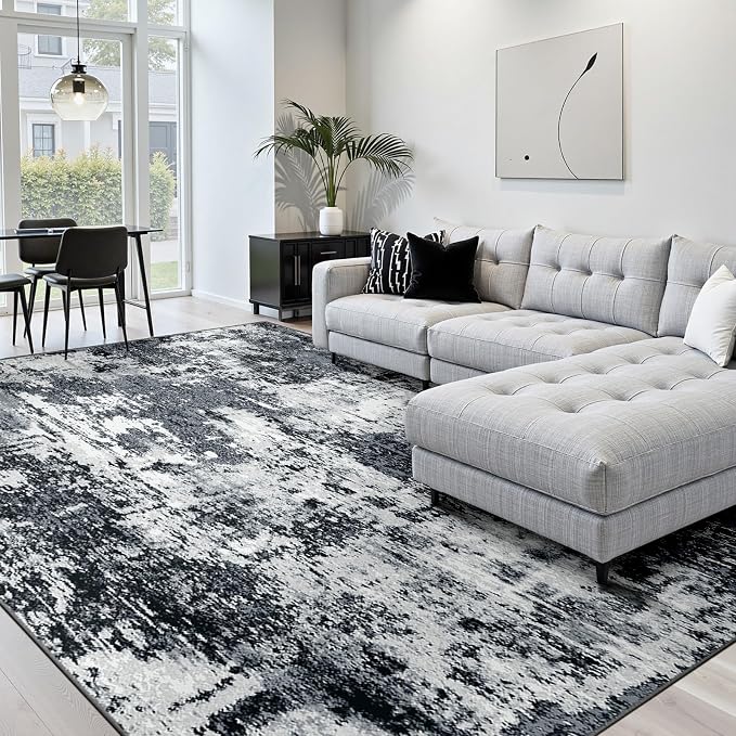 RELEANY Washable Area Rugs 6'x8' Non-Slip Modern Abstract Soft for Living Room Entryway Bedroom Kitchen, Print Pattern, Black Navy Blue Gray