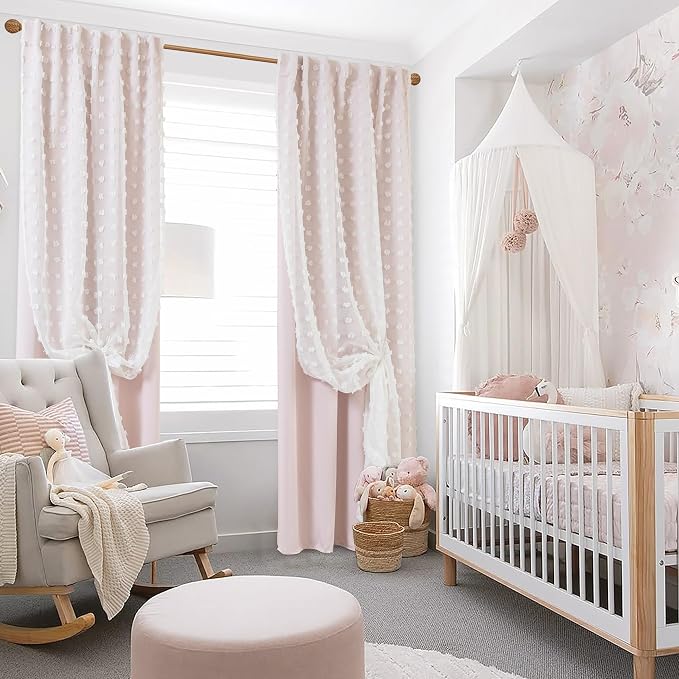 Lino Rosa Pink and White Sheer Black Out Curtains 72 Inch Long for Girls Bedroom,Pom Pom Ruffle Room Darkening Blackout Curtains for Nursery
