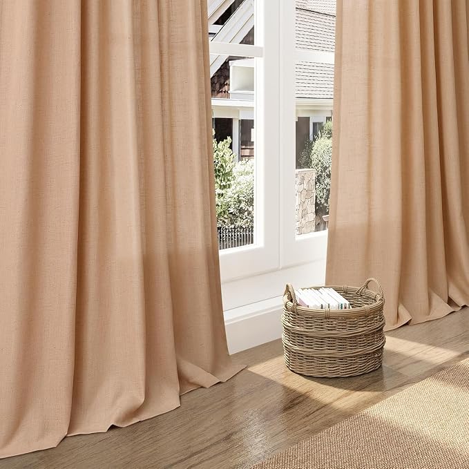 Nanspring Camel Linen Curtains for Living Room 98 Inches Long Back Tab and Rod Pocket Light Filtering Semi Sheer Vintage Rustic Curtain Luxury Boho Decor Drapes for Bedroom Office 52x98, 2 Panels