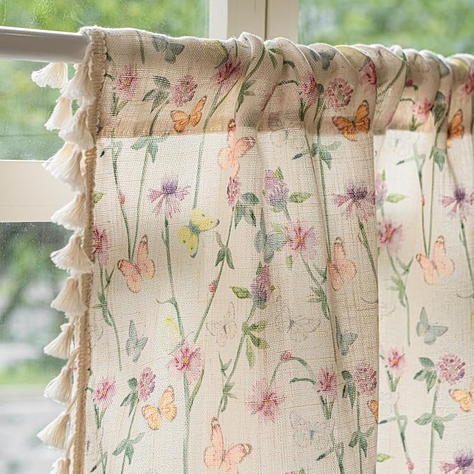 Deeprove Curtain Valance 18 inch for Kitchen Sink Living Room Bathroom Cafe Closet, Florals Butterfly Print, Light FilteringPrivacy Home Whimsical Decoration Winow Short Treatment Drape 52" W x 18" L