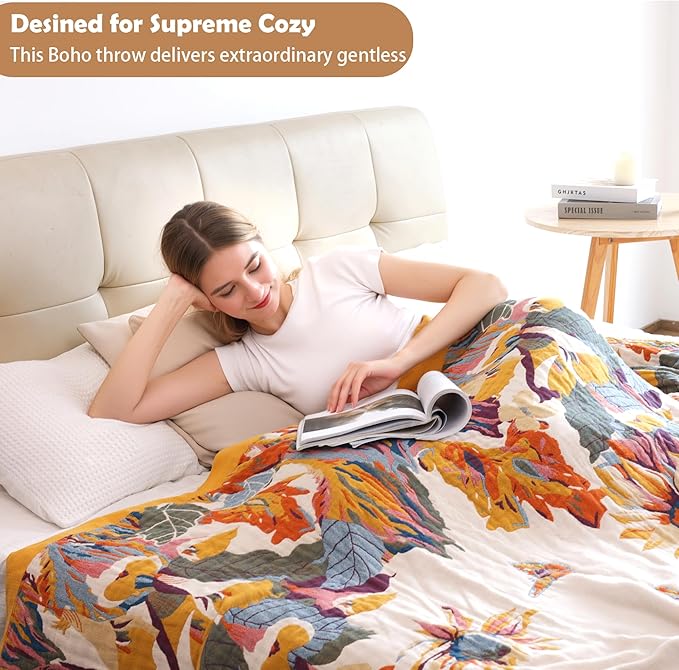 VANJOROY Boho Large Throw Blanket for Bed Couch, 100% Organic Cotton Soft Queen Throw-Floral Butterfly Decor Fall Blanket for Sofa Quilt and Gift, 80" x 90"-Beige