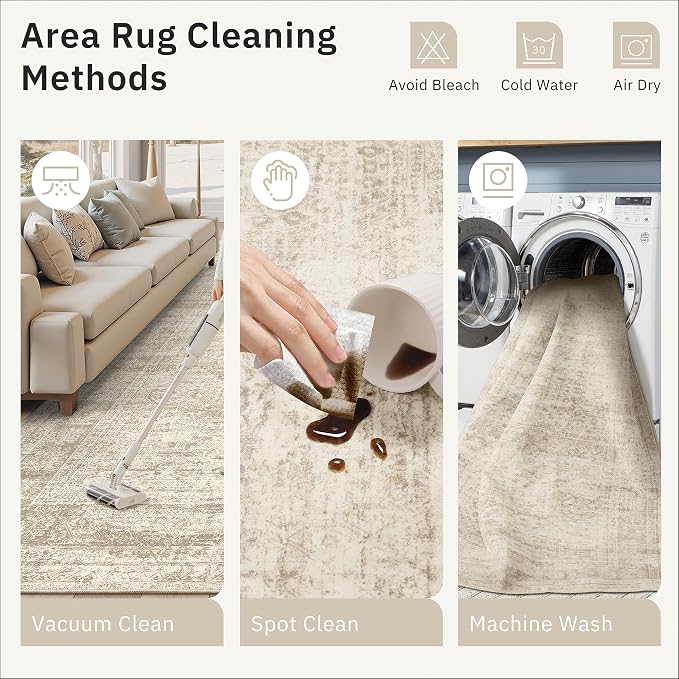 Soalmost Area Rug 10x12 Vintage Washable Living Room Large Carpet Non Slip Bedroom Indoor Office Dining Room Low Pile Thin Rug Beige