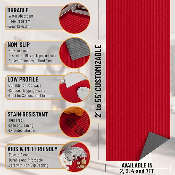 Ottomanson 2'7" x 17' Hallway Runner with Scraper Pile Extra Durable Non-Slip Rug Mat for Indoor & Outdoor Use - Ideal for Kitchen, Entryway, Patio & Garage - High-Traffic Carpet, Red