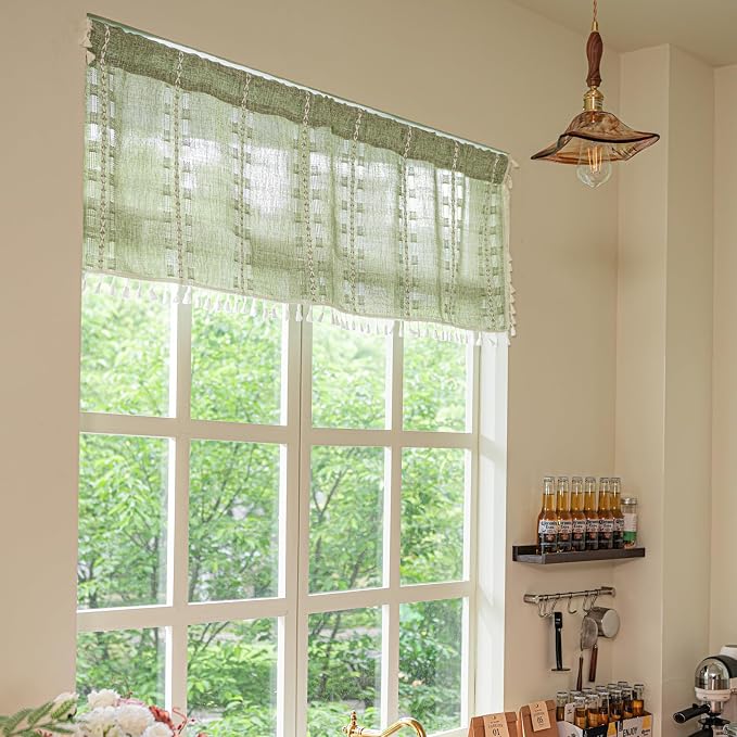 Deeprove Boho Valance Window Kitchen Curtain Over Sink, Short Textured Striped Tassel Drape Tier Embroidered Shabby Chic for Cafe Dining Bathroom Closet, W52 x L18 inch Rod Pocket 1 Panel Sage Green