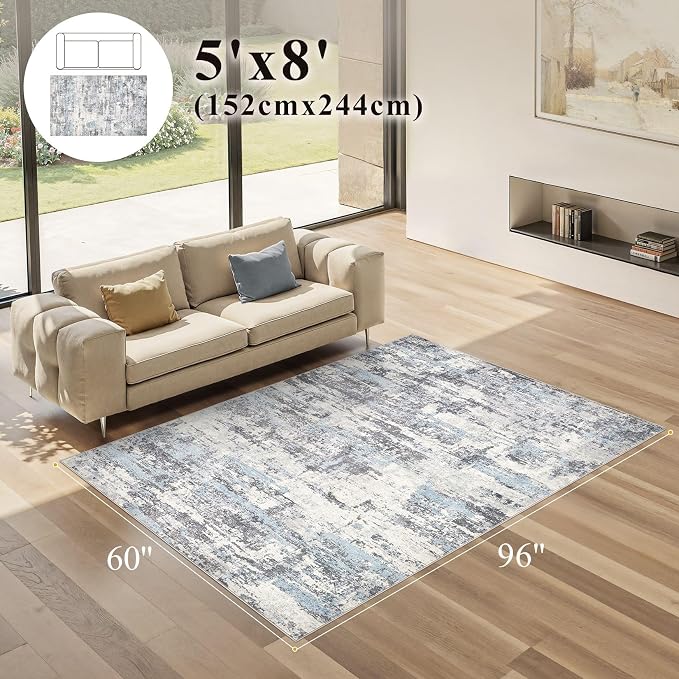 Area Rugs 5x8 Living Room: Washable Large Abstract Modern Neutral Soft Rug Stain Resistant Non-Slip Backing Carpet for Bedroom Dining Room Indoor Nursery Dorm Home Office Decor - Blue Grey